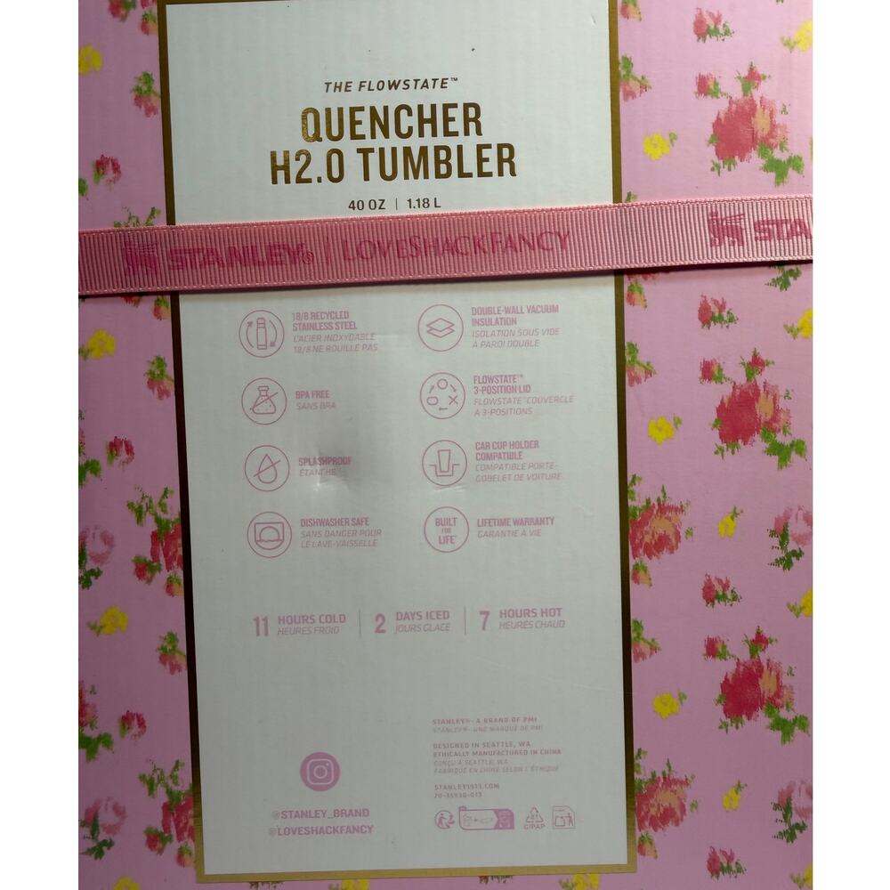 Stanley 1913 x LoveShackFancy 40oz H2.0 FlowState Quencher Ribbon Rosa NIB - Picture 3 of 12